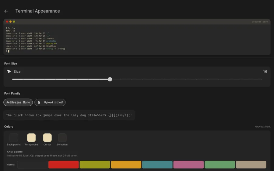 The terminal appearance screen: a live preview in Gruvbox Dark above font controls, the four named color swatches and the sixteen-slot ANSI palette