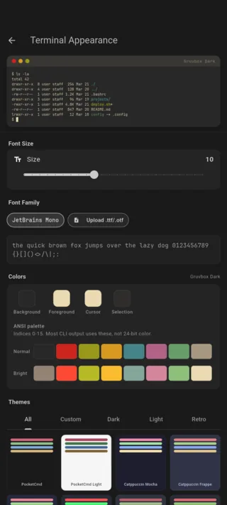 The terminal appearance screen: a live preview in Gruvbox Dark above font controls, the four named color swatches and the sixteen-slot ANSI palette