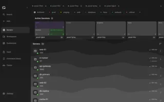 Server list in four groups with tags, protocol badges and two live session cards (tablet)